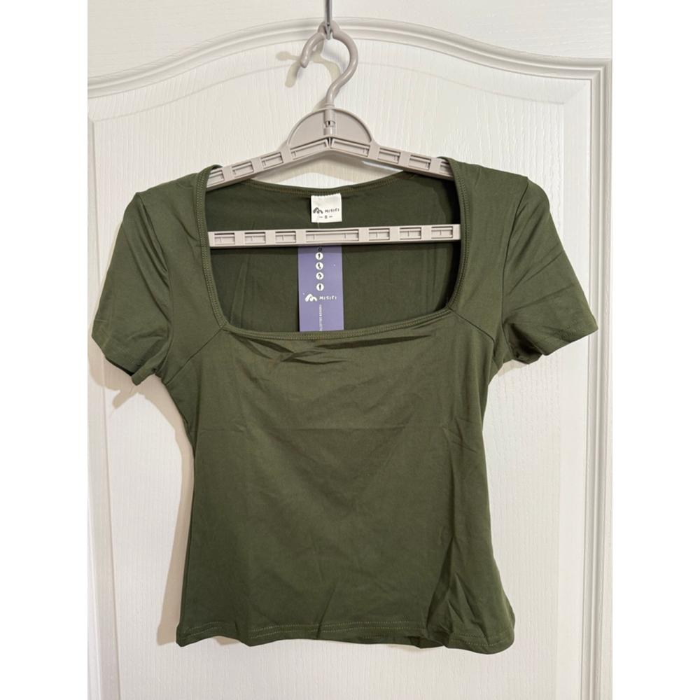 Women's MISIFI Olive Green Short Sleeve Square Neck Tee S